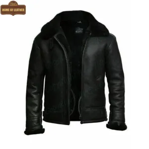 1001- B3 RAF Flying Aviator Real Fur Bomber Black Winter Genuine Leather Jacket | Sale