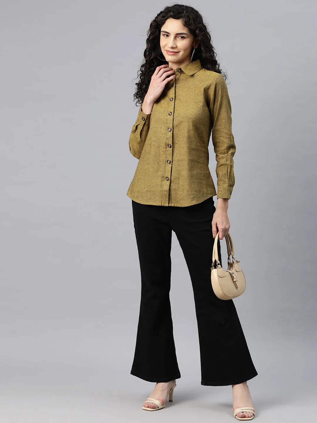 Cottinfab Women Solid Shirt Style Top