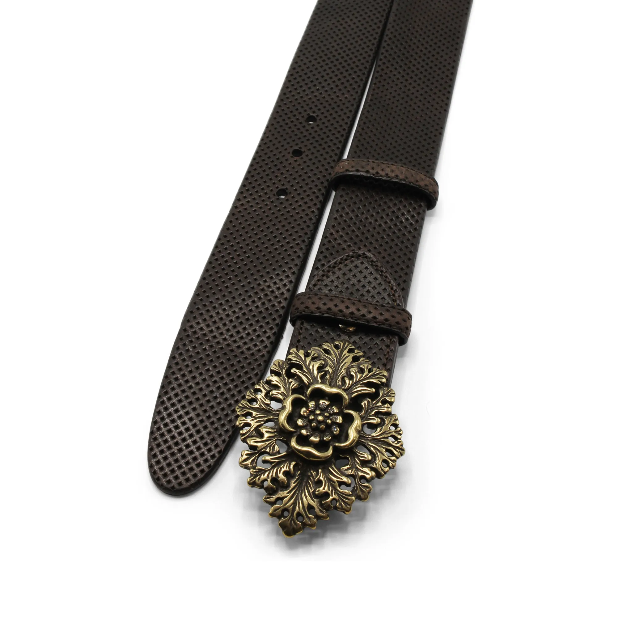 Dark Brown Perforated Vintage Feel Crystal Flower Belt