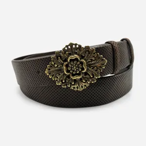 Dark Brown Perforated Vintage Feel Crystal Flower Belt