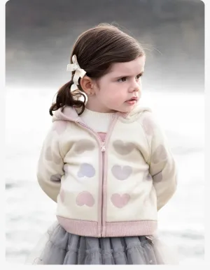 Kids Girls Heart Design Knitted Hooded Zipper Cardigan