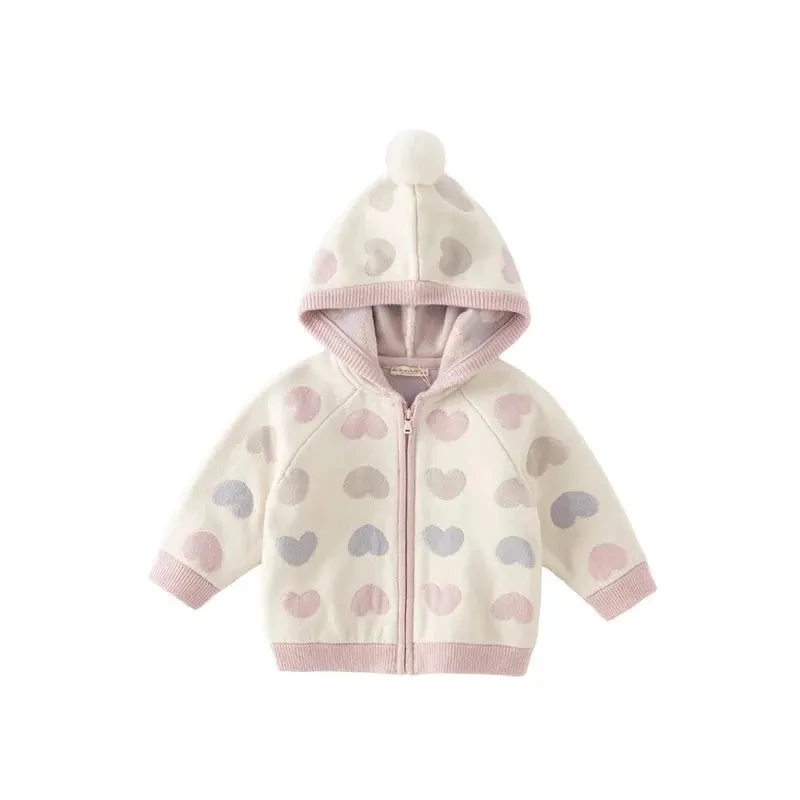 Kids Girls Heart Design Knitted Hooded Zipper Cardigan