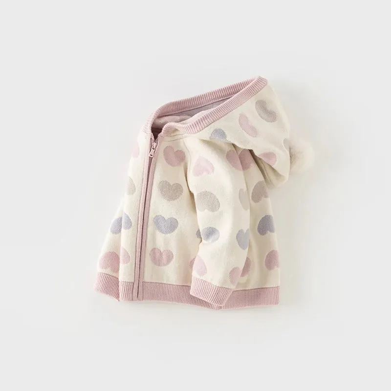Kids Girls Heart Design Knitted Hooded Zipper Cardigan