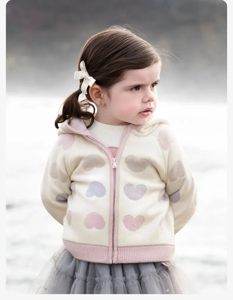 Kids Girls Heart Design Knitted Hooded Zipper Cardigan