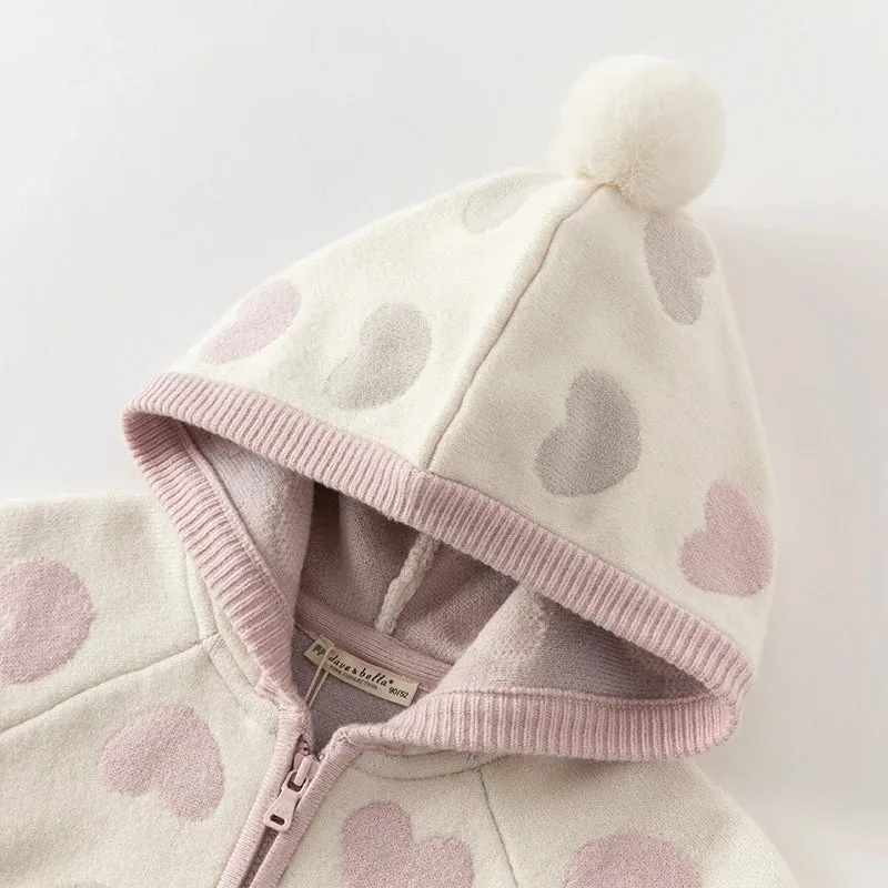 Kids Girls Heart Design Knitted Hooded Zipper Cardigan