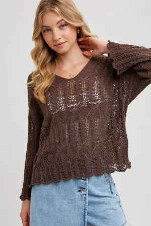 Open Knit Sweater V-Neck Pullover COFFEE #007