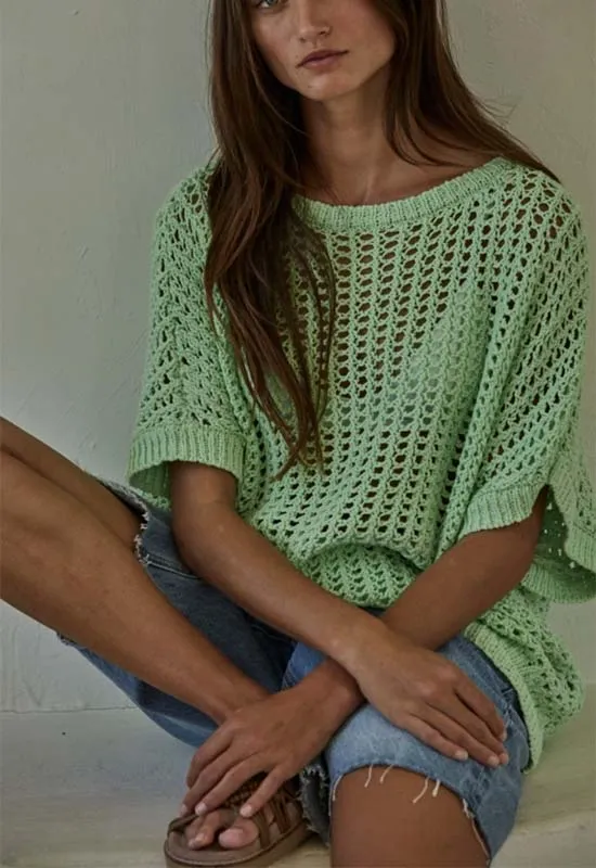 See Through Fishnet Sweater Top - Mint
