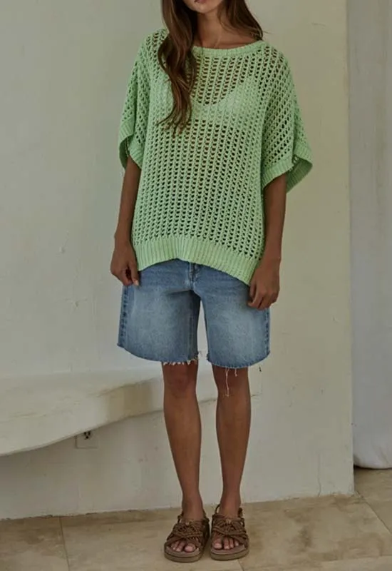 See Through Fishnet Sweater Top - Mint
